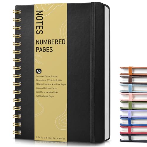 Lined Spiral Journal Notebook, A5 Hardcover Spiral Journals for Women Men, 150 Numbered Pages Spiral Bound Notebook, 100 GSM College Ruled Notebooks for Writing Note Taking Working 5.75" x 8.38" Black - color: Black