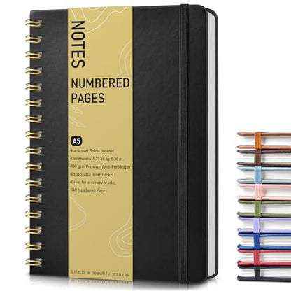 Lined Spiral Journal Notebook, A5 Hardcover Spiral Journals for Women Men, 150 Numbered Pages Spiral Bound Notebook, 100 GSM College Ruled Notebooks for Writing Note Taking Working 5.75" x 8.38" Black - color: Black