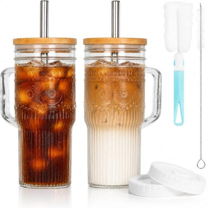 JunVpic Glass Tumbler, 24 oz Ice Coffee Cups with Bamboo Lid and Handle - color: Clear-Boho Pattern, size: 24oz
