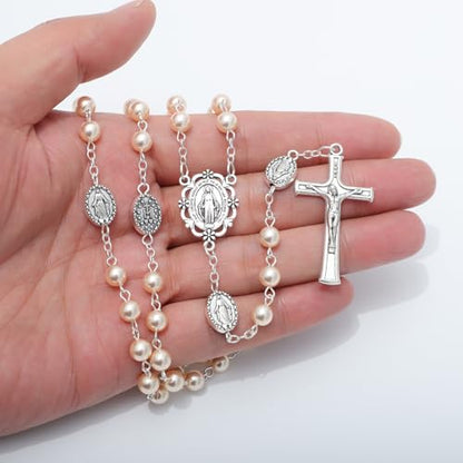 KOMI 6mm Glass Pearl Rosary Beads Catholic for Women with Metal Rosary Box Religious Gifts - style: Virgn Mary-pink