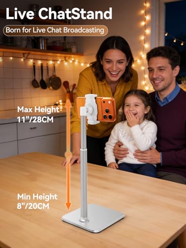 tounee Phone Stand for Desk, 8-11" Height Adjustable Cell Phone Holder for Live Streaming, Video Recording, TikTok – Compatible with iPhone 17/16/15, Samsung, All 4-7" Smartphones -White - color: White
