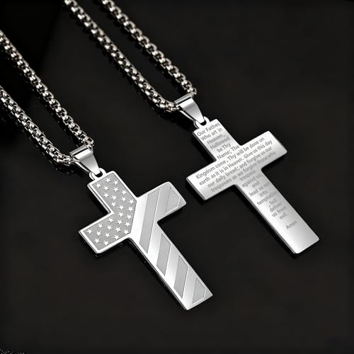 American Flag Cross Necklace for Men, Christian Confirmation Baptism Gifts - color: Silver, style: Lord's Prayer
