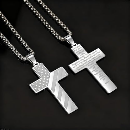 American Flag Cross Necklace for Men, Christian Confirmation Baptism Gifts - color: Silver, style: Lord's Prayer