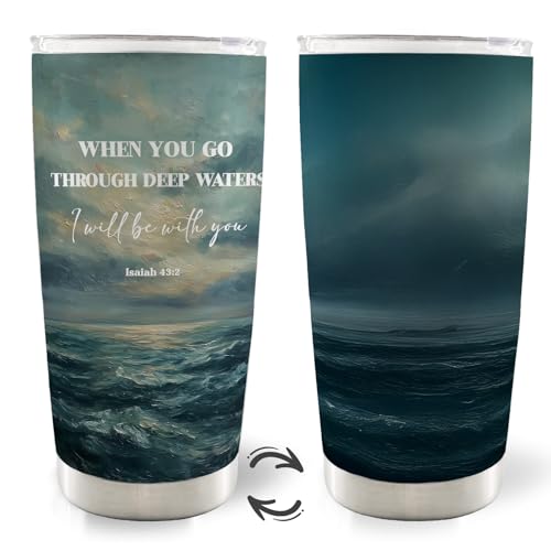 Christian Ocean Beach 20oz Travel Coffee Mug Tumbler, Christian Gifts, When You Go Through Deep Waters I Will Be with You Bible Verse Stainless Steel Tumbler with Lid and Straw - color: Deepwater A