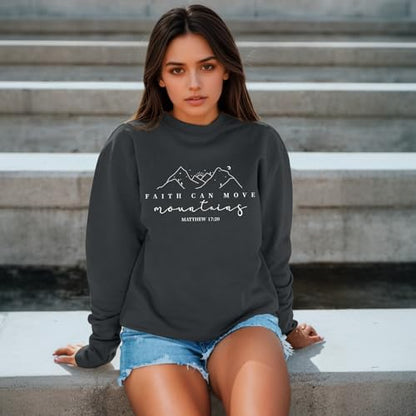 Pairxily Christian Sweatshirts for Women Faith Can Move Mountains Sweatshirt Bible Verse Religious Long Sleeve Crewneck Tops - color: Deep Gray, size: Small