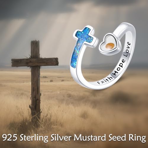 Mustard Seed Cross Ring 925 Sterling Silver Opal/Blue Opal Jewelry Faith Adjustable Ring Gifts for Women Lover - style: Blue Opal Mustard Seed