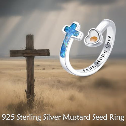 Mustard Seed Cross Ring 925 Sterling Silver Opal/Blue Opal Jewelry Faith Adjustable Ring Gifts for Women Lover - style: Blue Opal Mustard Seed