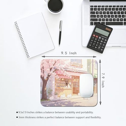 Anime Sakura Cat Café Mouse Pad 9.5" x 7.9", Cozy Japanese Cherry Blossom Cute Desk Mat, Kawaii Art - color: Cartoon Design