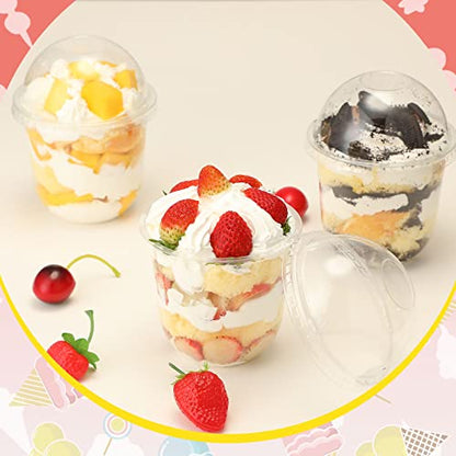Cunhill 50 Pack Dessert Cups with Dome Lids Disposable Plastic Cups with Lids Clear Pet (No Hole), Sporks and Stickers for Plastic Fruit, Cake and Mini Snack Bowls(12 oz,Simple Cup) - size: 12 oz