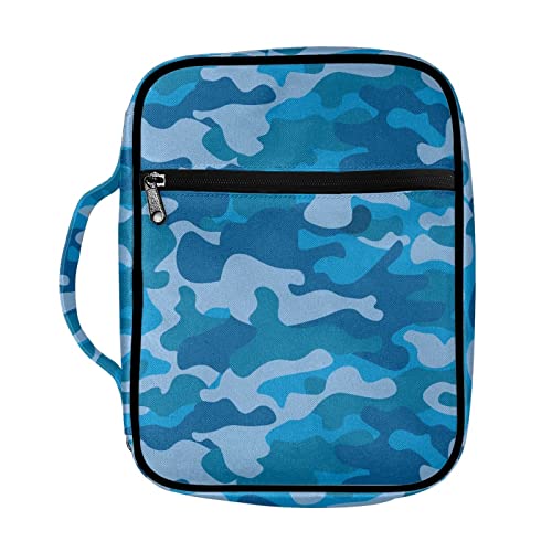 Coldinair Blue Camo Print Bible Cover for Men,Carrying Book Case Church Bag Bible Holder Protector with Handle and Zipper Pocket - color: Blue Camo