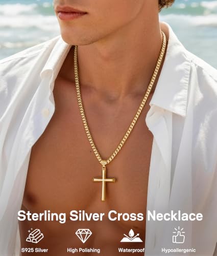 5mm 925 Sterling Silver Cross Necklace for Men 18 20 22 24 26 Inch - color: Gold, size: 18 Inches