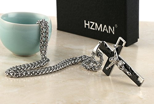 HZMAN Men's Stainless Steel Cross Crucifix Bible Prayer Pendant Necklace - color: Black