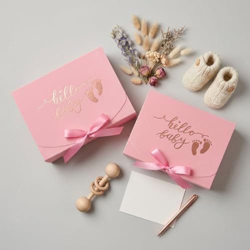 6PCS Baby Girl Gift Box with Ribbon Pink Keepsake Box with Gold Foil Hello Baby Footprints Favor Packaging Large Cardboard Gift Box for Baby Girl Shower Newborn Party First Birthday Welcome Christening Gifts