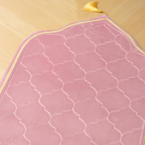 Muslim Prayer Rug with Tasbih Prayer Beads, Soft Memory Foam Prayer Matt Islam, Padded Islamic Prayer Mat Thick for Men and Women, Janamaz, Sajadah (25.6" x 43.3", Pink) - color: Pink