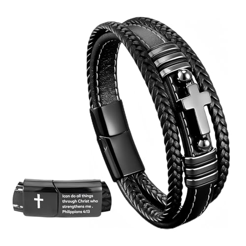 Men's Leather Faith Cross Bracelets, Multi-Layer Braided Leather Wristband Bangle, Jesus Catholic Christian Religious Jewelry Gifts for Dad,Friends,Brother - style: Philippians 4:13