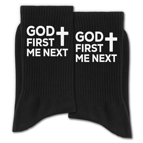 Christian Socks for Men, Biblical Crew Socks Gifts for Dad Grandpa Husband - color: God First Black