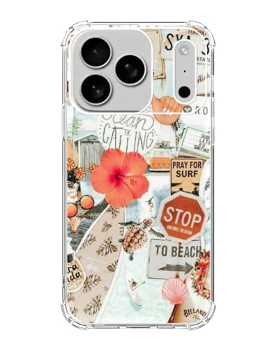 Summer Vibes Surfing Phone Case Compatible with iPhone 17 Pro, Aesthetic Turtle Flower Collage Phone Cover for iPhone 17 Pro - color: Summer Vibe
