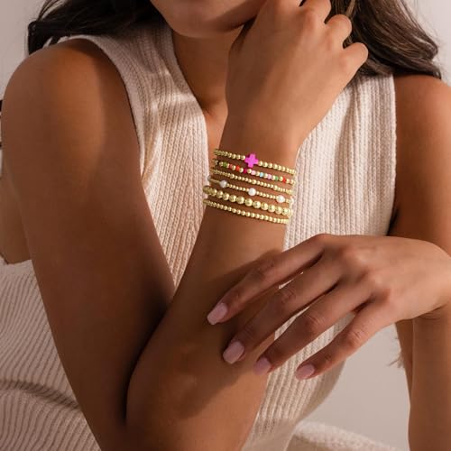 M MOOHAM Beaded Bracelets for Women Teen Girls, 14K Gold Bracelet Stack - color: " Pink Cross