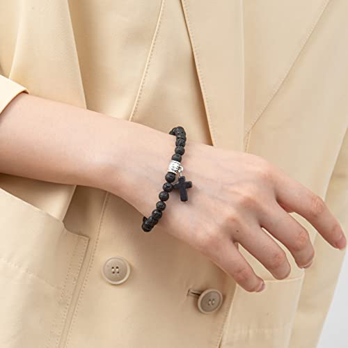 Softones 6mm Bead Cross Pendant Bracelet for Women Healing Stone Stretch Prayer Bracelet for Women,with Gift Box - color: Lava