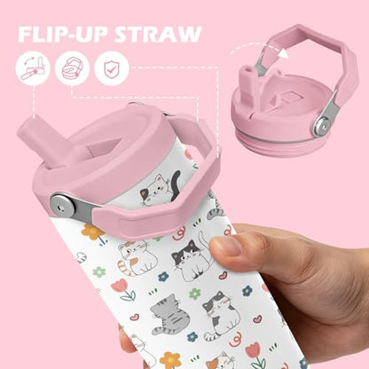 Hiboss Cat Tumbler with Handle and Flip Straw 28oz, Insulated Stainless Steel Cute Cats Travel Cup Mug, Christmas Birthday Gifts for Cat Lovers Kids Girls Teens Women - color: Cat