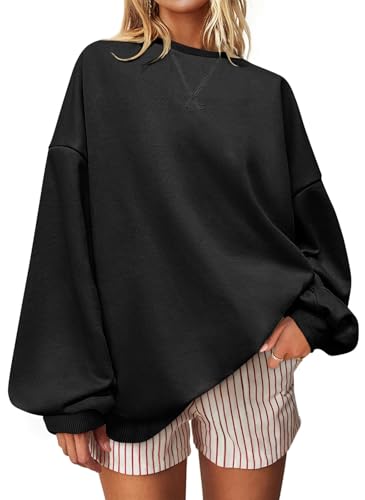 UEU Women Oversized Striped Crewneck Sweatshirt Long Sleeve Casual Pullover - color: Black, size: XX-Large