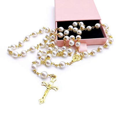 Rosary Beads Catholic for Women Girls, First Holy Communion Rosary Gifts for Girls Catholic, Gold White Rosary Necklace for Women Imitation Pearl Beads Necklace Rosarios Catolicos - color: White