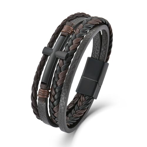 Mens Cuff Cross Bracelet Multi-Layer Braided Leather Cross Bracelet for Religious Bangle Wristband Faith Christian Jewelry for Men Teen - color: C.Brown, size: 8.3in(21~21.5cm, Fits most wrists)