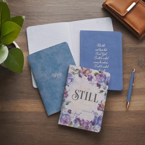 Christian Art Gifts Slim Scripture Notebooks for Women, Be Still and Know that I am God - Psalm 46:10 Inspirational Bible Verse Variety, Purple/Blue Floral Set/3 Medium