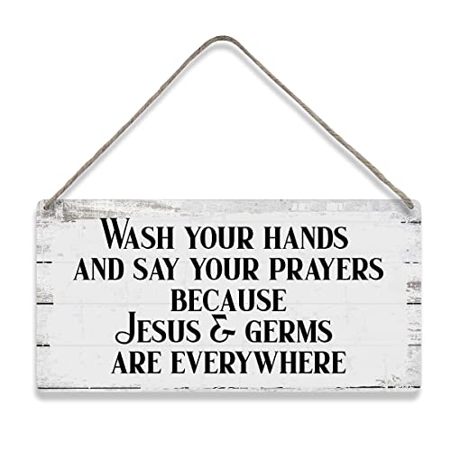 MIGUMUTU Wash Your Hands and Say Your Prayers Because Jesus & Germs Are Everywhere Sayings Home Wall Decor Wooden Signs Rustic Farmhouse Hanging Wall Plaque Sign Bathroom Gift - color: Wash hands
