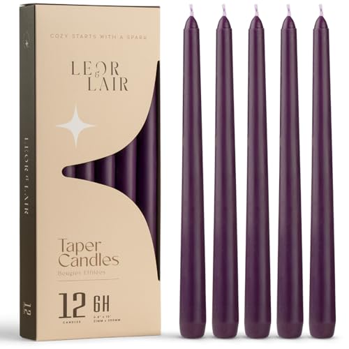 Leor & Lair Purple Taper Candles, 12 Pack, 10" Tall Candlesticks, Unscented - color: Purple
