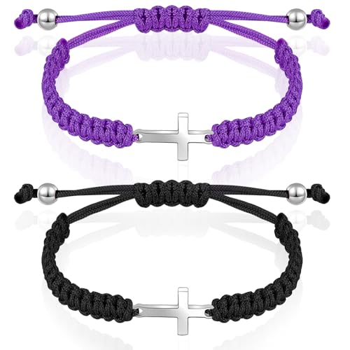 Sureio 2 Pcs Christian Cross Matching Bracelets for Women Men - color: Black, Purple