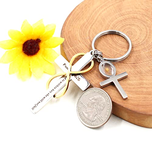 Uloveido Stainless Cross Infinity Keychain Mustard Seed Charms Psalm 46:5 Christian Bible Quote Keyring Baptism Gift - style: Oval Cross
