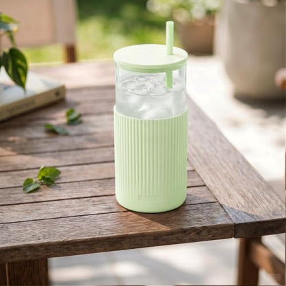 SANDJEST Glass Water Bottle with Silicone Sleeve 20oz, Glass Tumbler with Straw and Lid, Smoothie and Iced Coffee Cup, Gifts for Women Teen Girls Birthday Christmas (Soft Mint) - color: Soft Mint