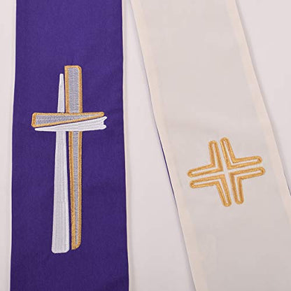 BLESSUME Cross Deacon Reversible Stole Church Cleric Stole - color: White/Purple