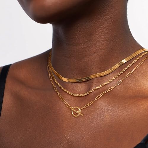Freekiss 3-Piece Layered Toggle Necklace for Women - color: 3-Layered Paperclip Gold