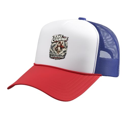 Take Courage It is I. Don't Be Afraid Bible Verse Art Trucker Hat with Adjustable Mesh Back - color: Red/White/Royal Blue