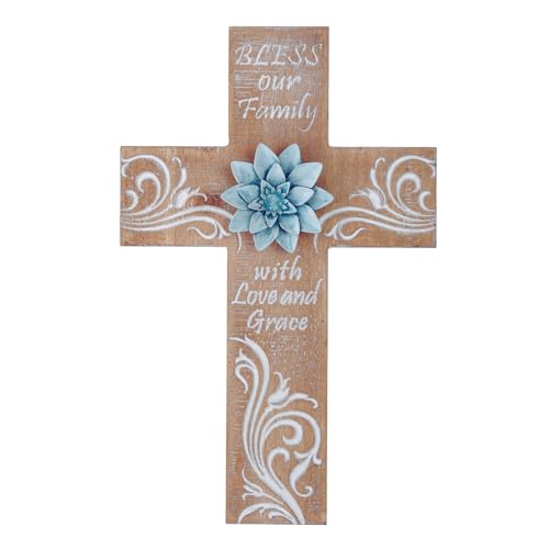 TRENDIN Rustic Cross Decor for Wall, Bless Our Family Christian Home Decor - color: Blue