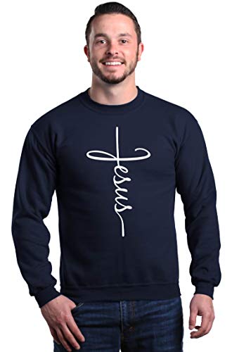 shop4ever Jesus Cross Script Crewneck Sweatshirts - color: Navy Blue, size: XX-Large