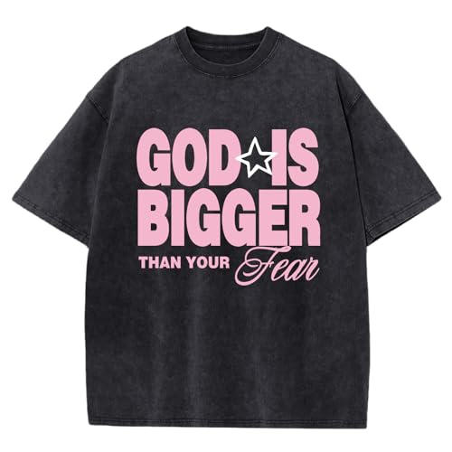 Oversized Christian Shirts for Men Vintage Faith Acid Wash Tshirts God is Bigger Graphic Tees Religious Bible Shirt - color: Black, size: Small
