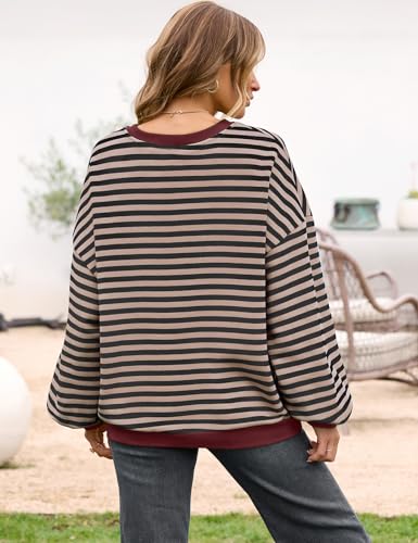 UEU Women Oversized Striped Crewneck Sweatshirt Long Sleeve Casual Pullover - color: Black Coffee Stripe, size: Small