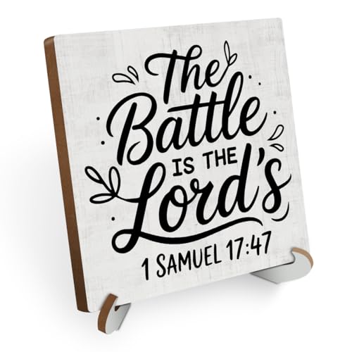 Inspirational Christian Desk Decor Wood Sign, Religious Gifts, Bible Scripture Desk Decorations Faith Based Gifts for Women Sister Friend Office Work Bedroom Home Decor Wooden Plaque With Stand - color: Battle 742
