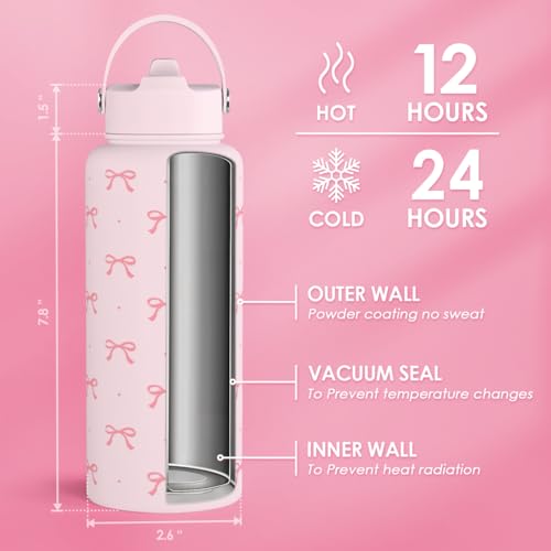 Pink Bow Water Bottle Stainless Steel Insulated Vacuum 32oz with Lid, Gifts for Women Girls Teens Birthday Christmas - color: Coquette Pink Bow