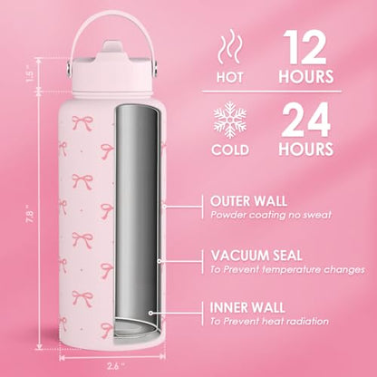 Pink Bow Water Bottle Stainless Steel Insulated Vacuum 32oz with Lid, Gifts for Women Girls Teens Birthday Christmas - color: Coquette Pink Bow