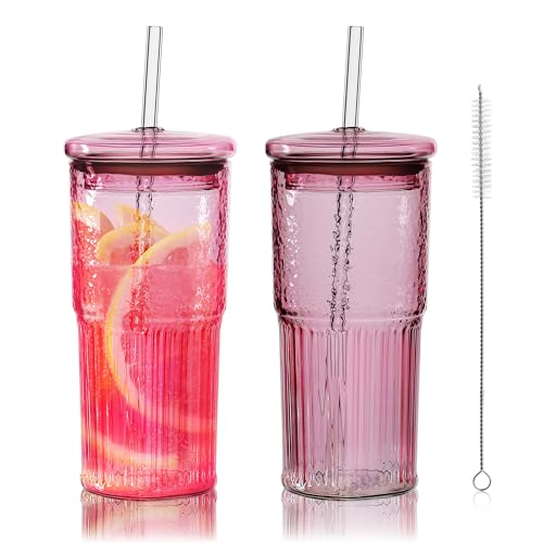 Joeyan 22 oz Pink Glass Tumbler with Straw and Lid,Ribbed Glasses Cups - color: Pink colored glass tumbler