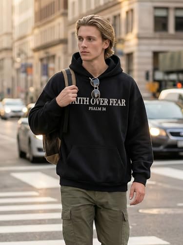 Faith Over Fear Hoodie Men Christian Sweatshirt Religious Sayings Pullover Vintage Bible Verse Inspirational Top - color: Black, size: X-Large