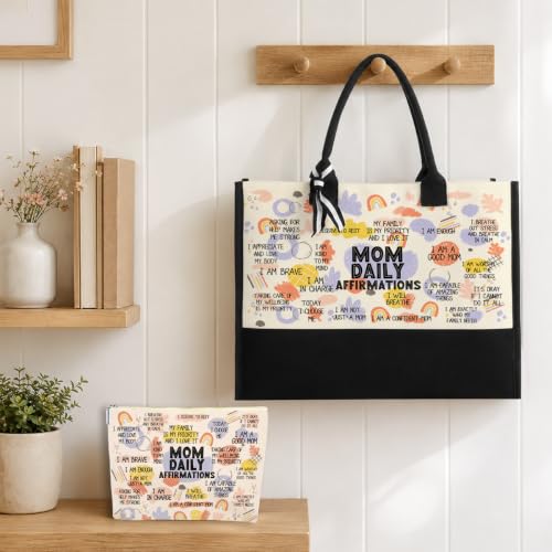 jeilink Inspirational Religious Gifts Boss Mom Birthday Christmas Tote Bag Canvas Reusable Grocery Beach Tote Black Pink - color: Mom Affirmations 1711