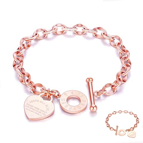 Heart Charm Bracelet Plated 18K Gold/Silver/Rose Gold Bible Scripture Heart Bracelet for Women Jewelry Gift Her Link Chain OT Clasp Stainless Steel - color: Rose Gold（8.1 inch ）