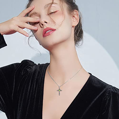 TOUPOP Cross Birthstone Necklace for Women 925 Sterling Silver Heart Cross Pendant I Love You Jewelry Anniversary Christmas Birthday Gifts for Wife Mom Her - color: 08-Peridot