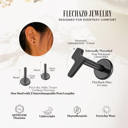 FLECHAZO Titanium Gunmetal Flat Back Earrings,Screw Back Earrings, ASTM F136 Implant Grade with Internally Threaded Front Screw, Interchangeable Posts 16G 8mm or 18G 9mm, Hypoallergenic for Cartilage Helix Tragus Conch Lobe (Sold as 1 Single Earring) - st