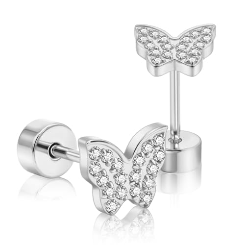 XUU 20G Flat Back Stud Earrings ASTM F136 Titanium & Sparkling CZ - color: silver butterfly